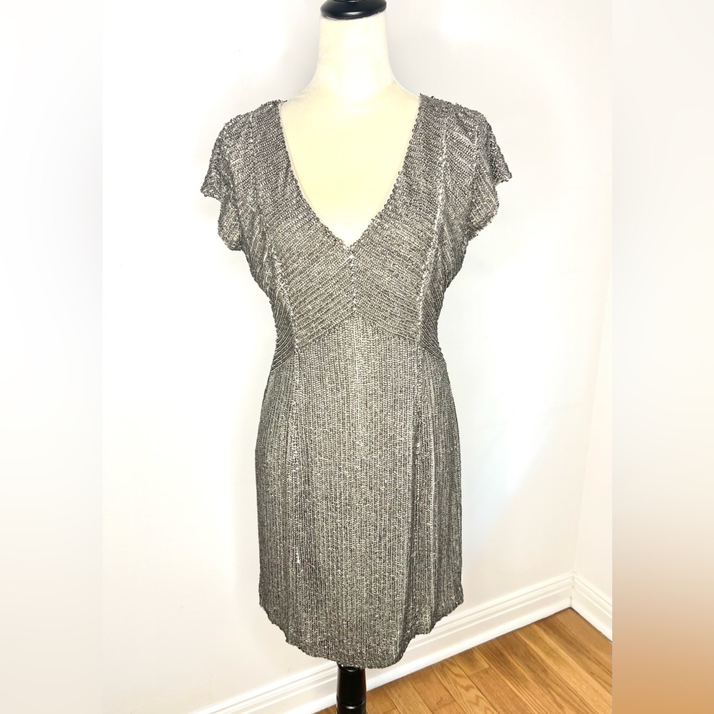 Boston Proper Sequins Beaded Mini Dress Cap Sleeves Silver Pewter Party SZ 6 EUC